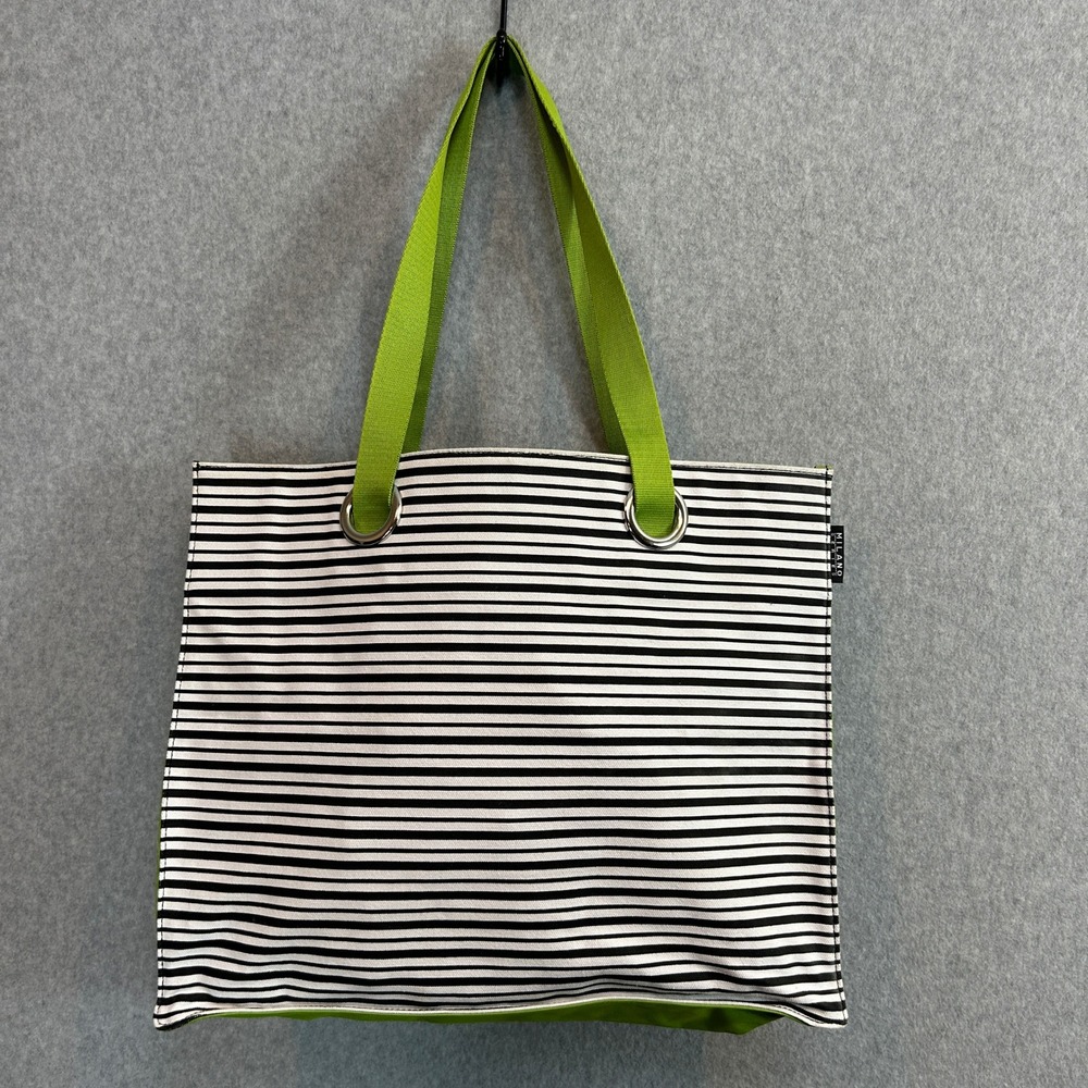 Milano Series Large Tote Bag Black‎ White Striped Lime Green Trim Travel Casual